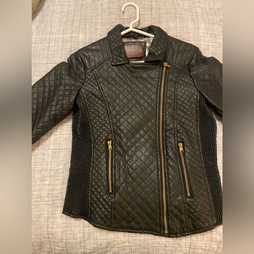 Black leather jacket, gold trim, size medium